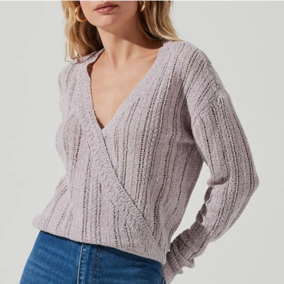 ASTR The Label Lavender Wrap Front Pointelle Knit V-neck Sweater L - Picture 2 of 5